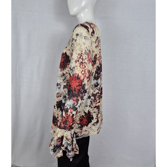 Conrad C Woman Floral Semi Sheer Blouse 2X Bell Sleeve Tie Neck - Picture 3 of 6